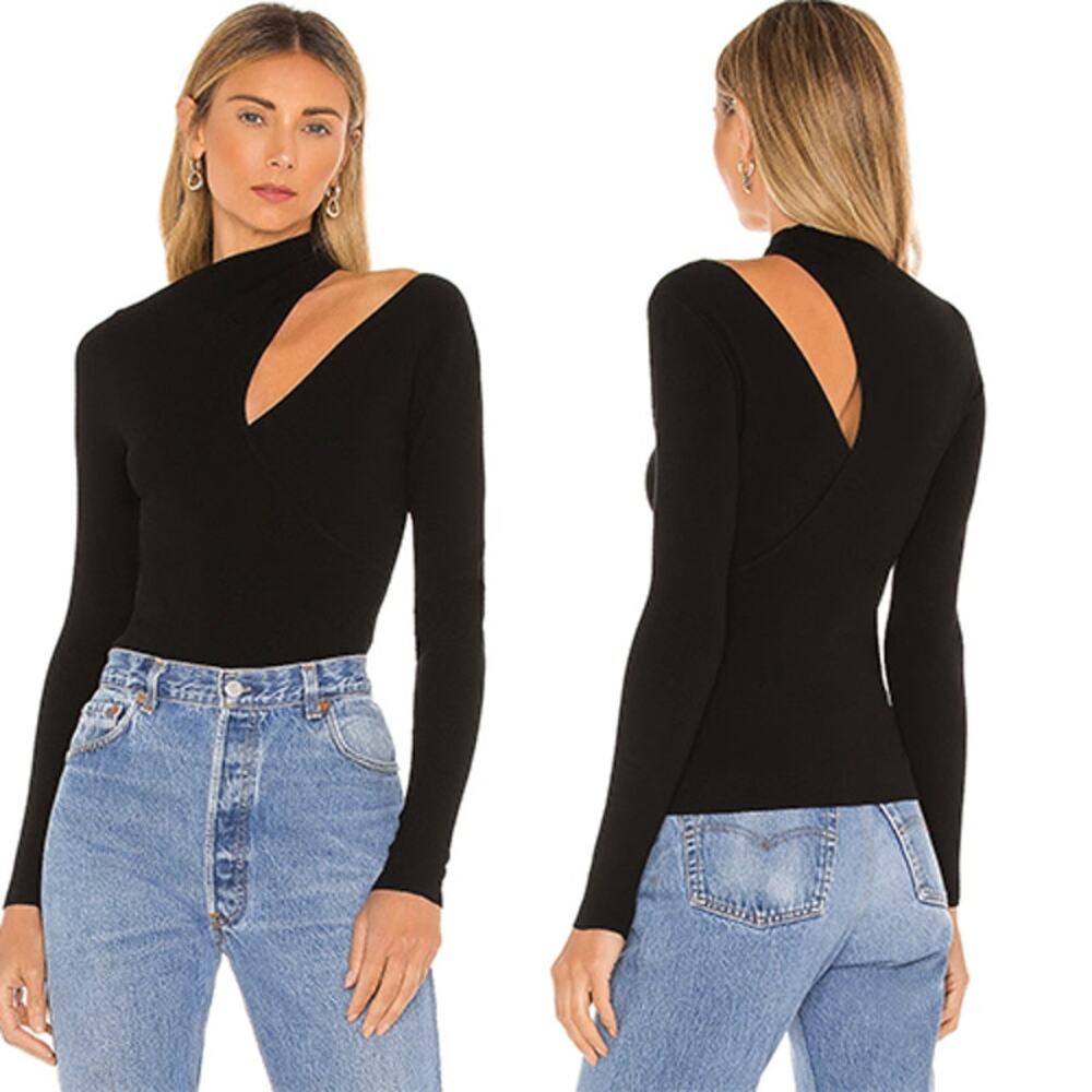 NEW A.L.C. Cutout Shoulder Long Sleeve Stretch Paquin Sweater Black Blouse Top